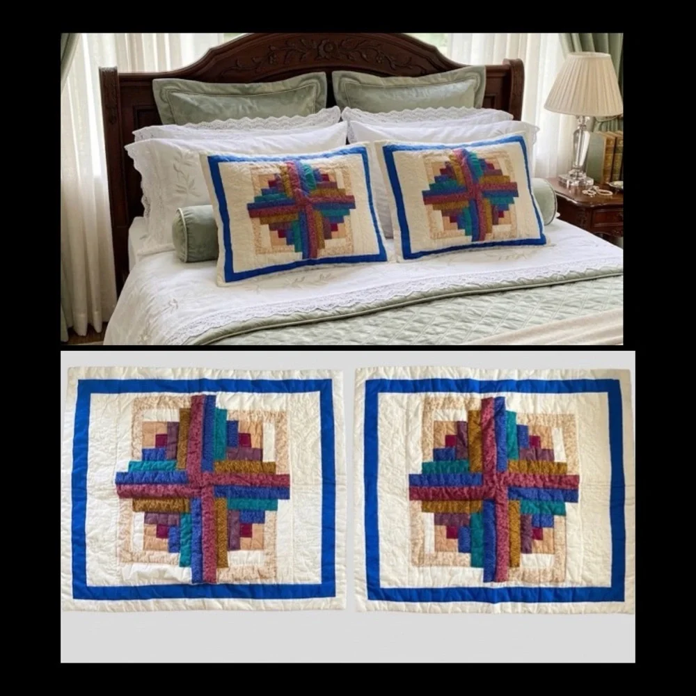 2 Vintage Log Cabin Handmade Blue-Trim Multicolor Patchwork Pillow Shams 23x18